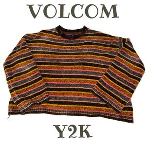 Volcom Striped Chenille Sweater Medium Fuzzy Multi Color Pullover Vintage Y2K